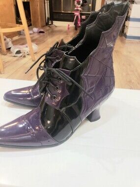 Ellie "Charlotte" Purple/Black Patent Leather Spiderweb Witch  Ankle Boot 7